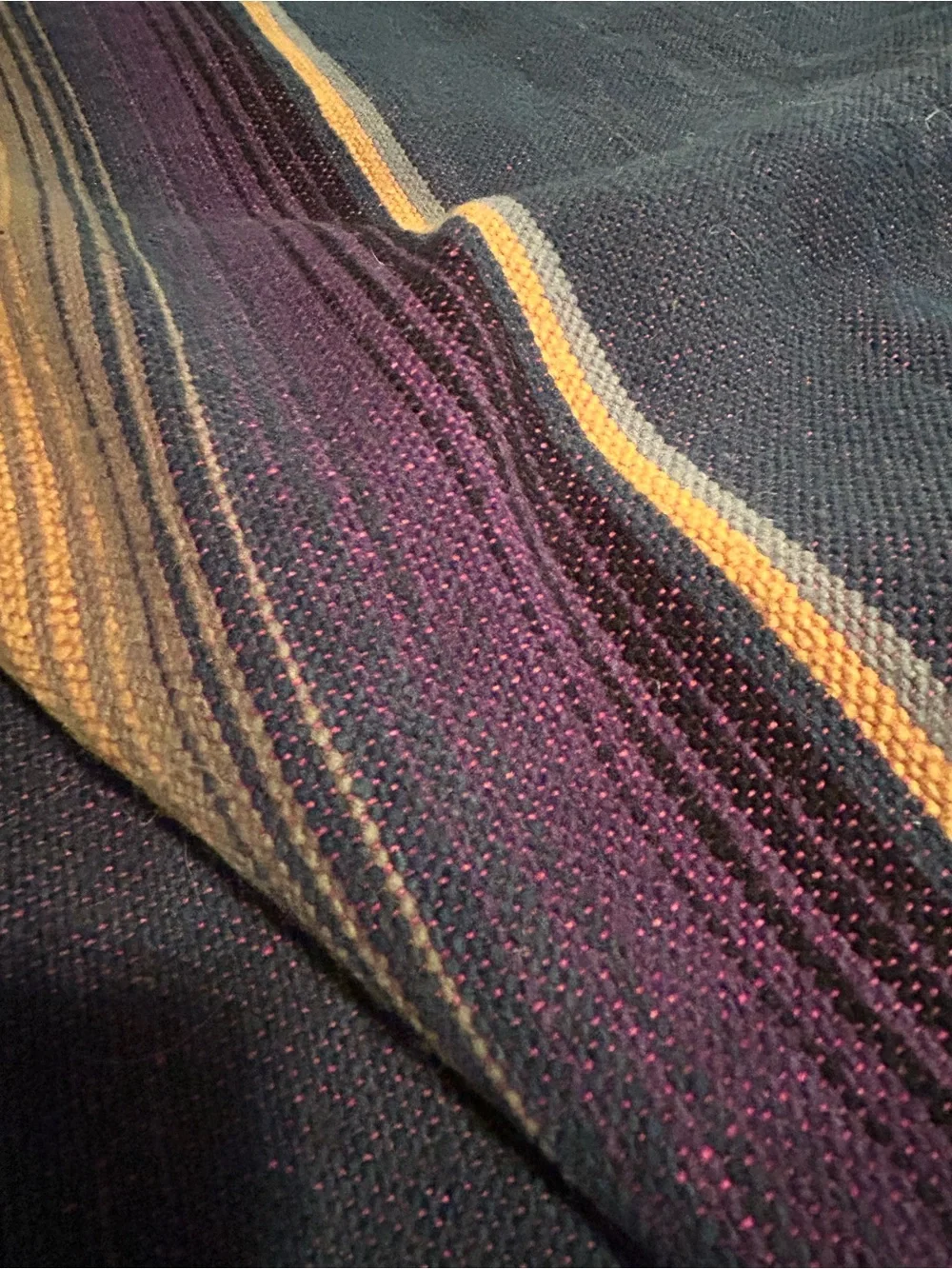 Striped Wool King Size Blanket in Blue, Purple, Yellow. Hand weaved in Mexico